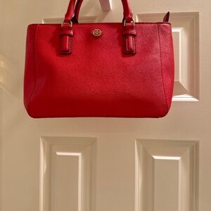 Red leather satchel handbag Tory Burch